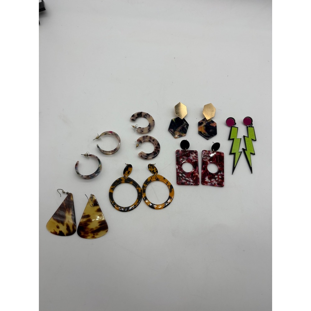 7 Pair Statement Earring Lot Geometric Tortoise Resin Neon Lightning Bolt